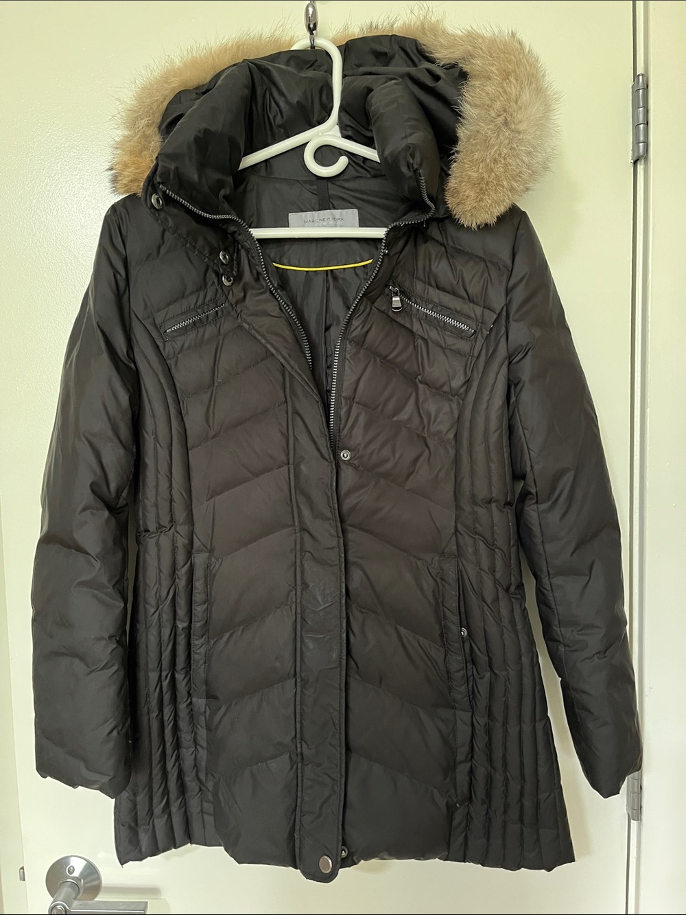 Marc New York Black Quilted Hooded Puffer Coat with Tan Faux-Fur Trim